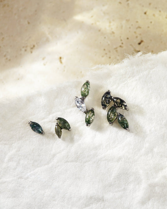 1 pc of F136 Titanium Natural Green Moss Agate Marquise Stud Earring, 16G Helix Lobe Tragus Conch Cartilage Piercing Jewellery, Gift for Her
