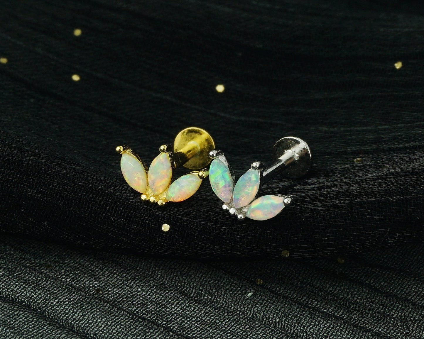 Triple Marquise Fire Opal Sterling Silver Stud Earring in Rhodium or 18ct Gold Plated, Opulent Trio Gem Stacking Jewelry