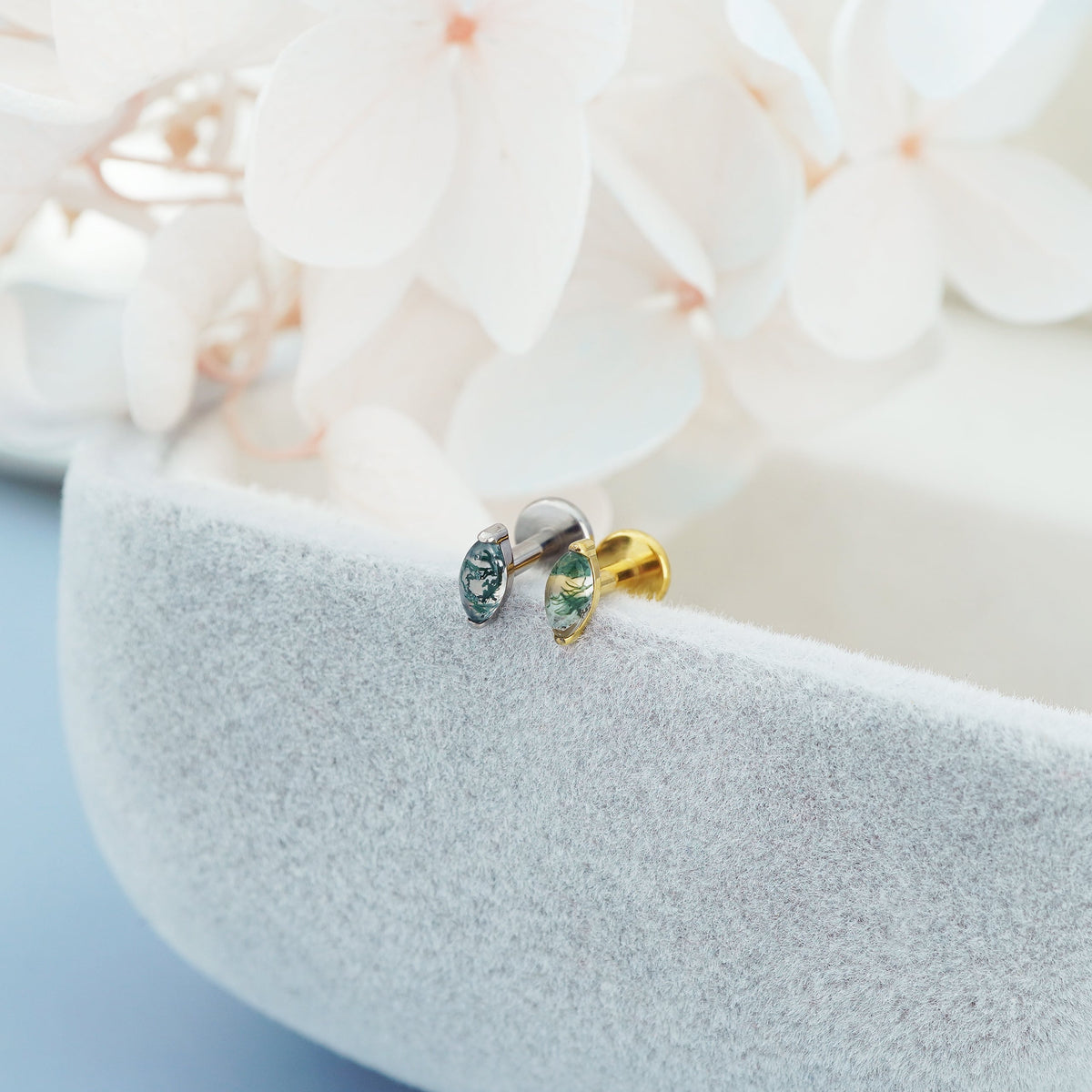 1 pc of F136 Titanium Natural Green Moss Agate Marquise Stud Earring, 16G Helix Lobe Tragus Conch Cartilage Piercing Jewellery, Gift for Her