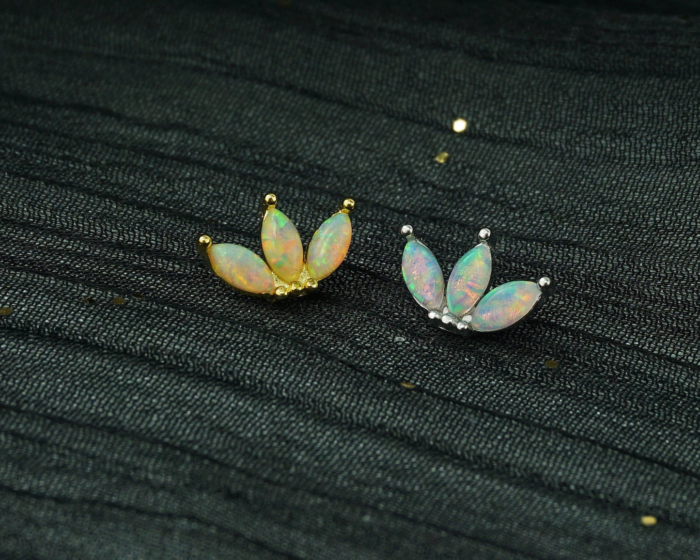 Triple Marquise Fire Opal Sterling Silver Stud Earring in Rhodium or 18ct Gold Plated, Opulent Trio Gem Stacking Jewelry