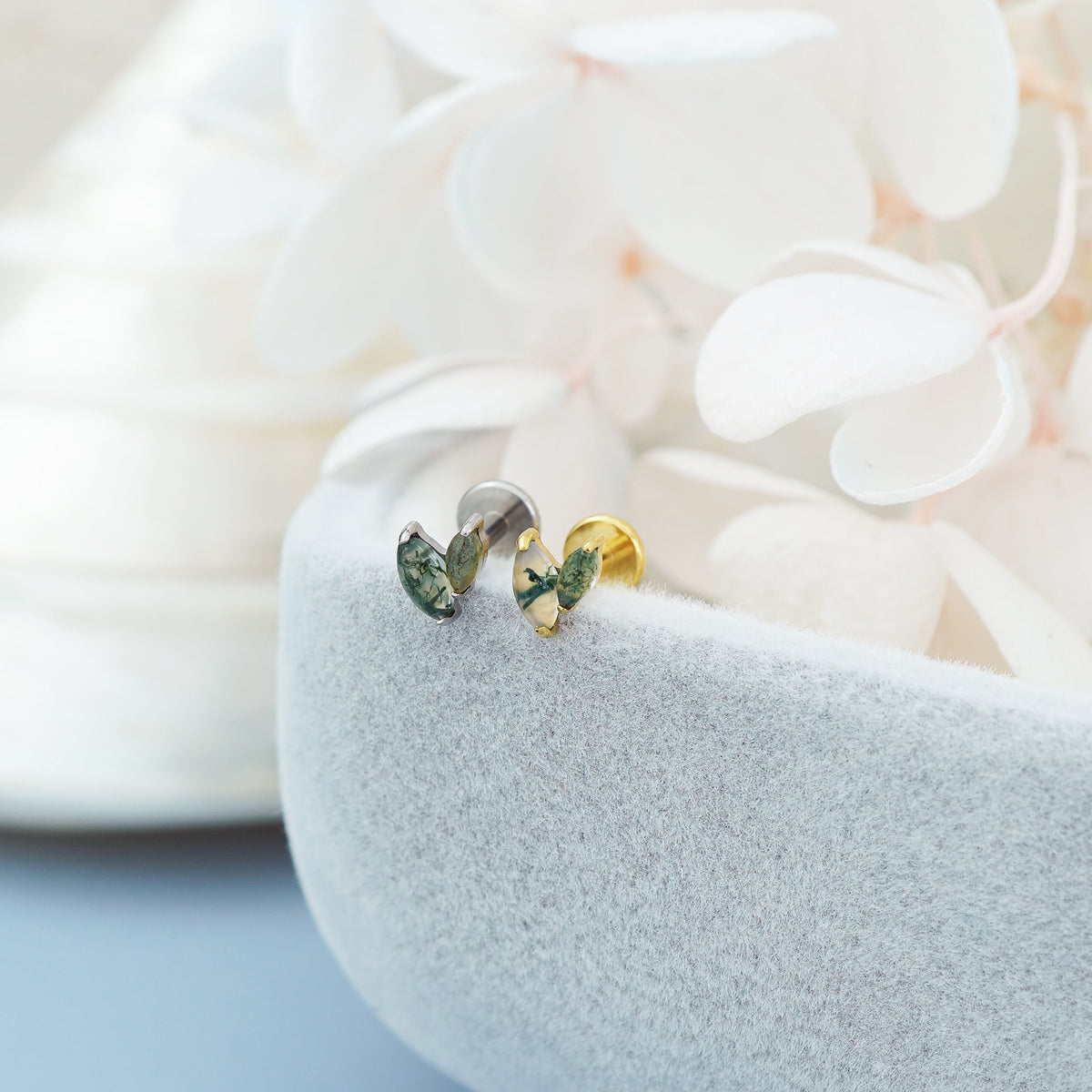1 pc of F136 Titanium Natural Green Moss Agate Marquise Stud Earring, 16G Helix Lobe Tragus Conch Cartilage Piercing Jewellery, Gift for Her