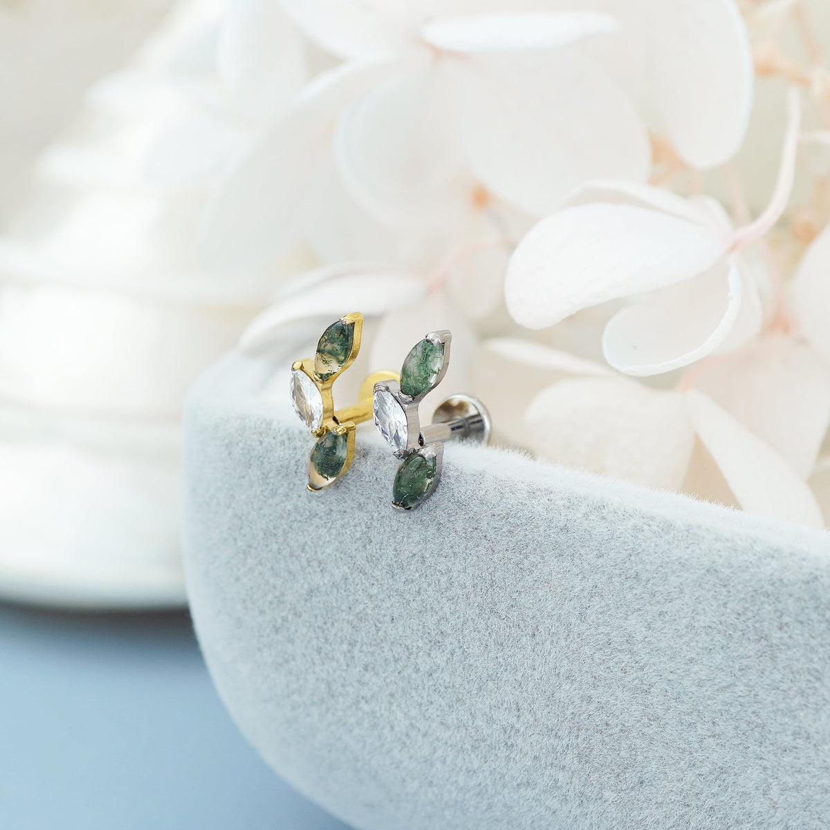 1 pc of F136 Titanium Natural Green Moss Agate Marquise Stud Earring, 16G Helix Lobe Tragus Conch Cartilage Piercing Jewellery, Gift for Her