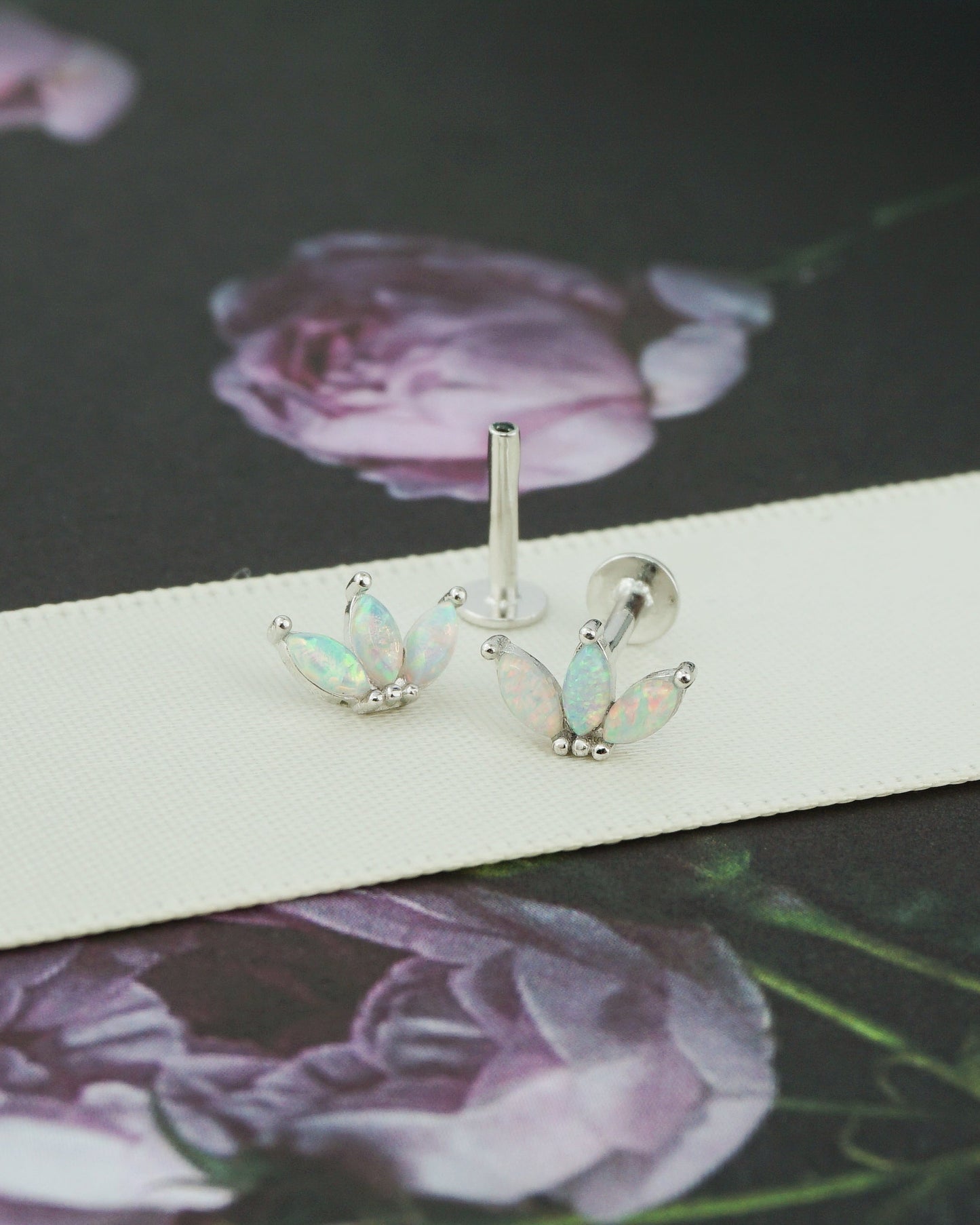 Triple Marquise Fire Opal Sterling Silver Stud Earring in Rhodium or 18ct Gold Plated, Opulent Trio Gem Stacking Jewelry