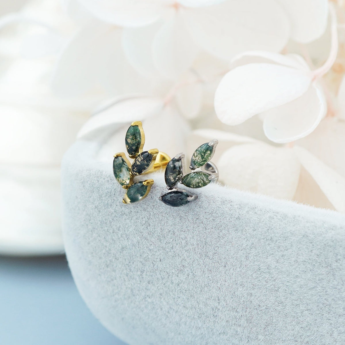 1 pc of F136 Titanium Natural Green Moss Agate Marquise Stud Earring, 16G Helix Lobe Tragus Conch Cartilage Piercing Jewellery, Gift for Her