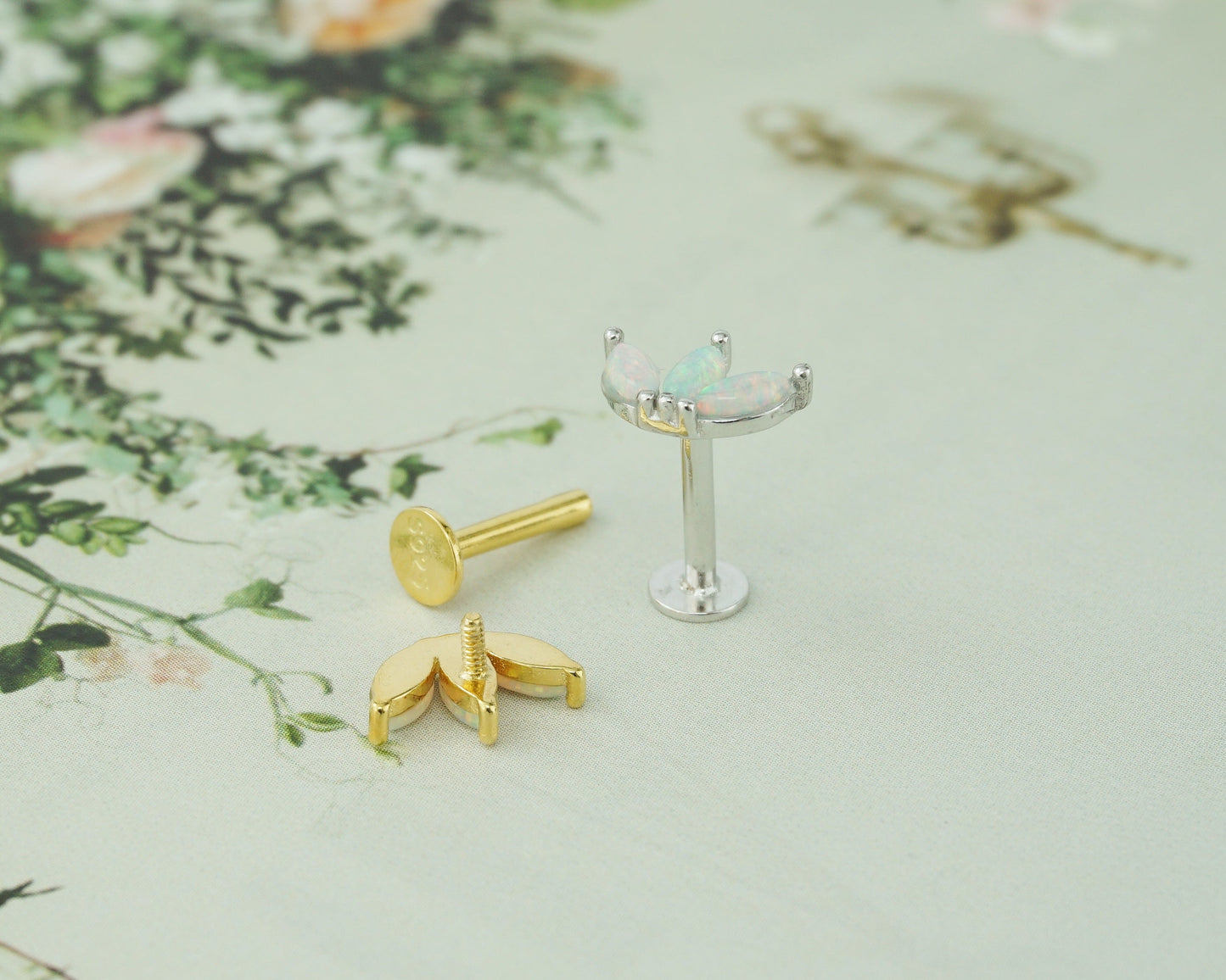 Triple Marquise Fire Opal Sterling Silver Stud Earring in Rhodium or 18ct Gold Plated, Opulent Trio Gem Stacking Jewelry