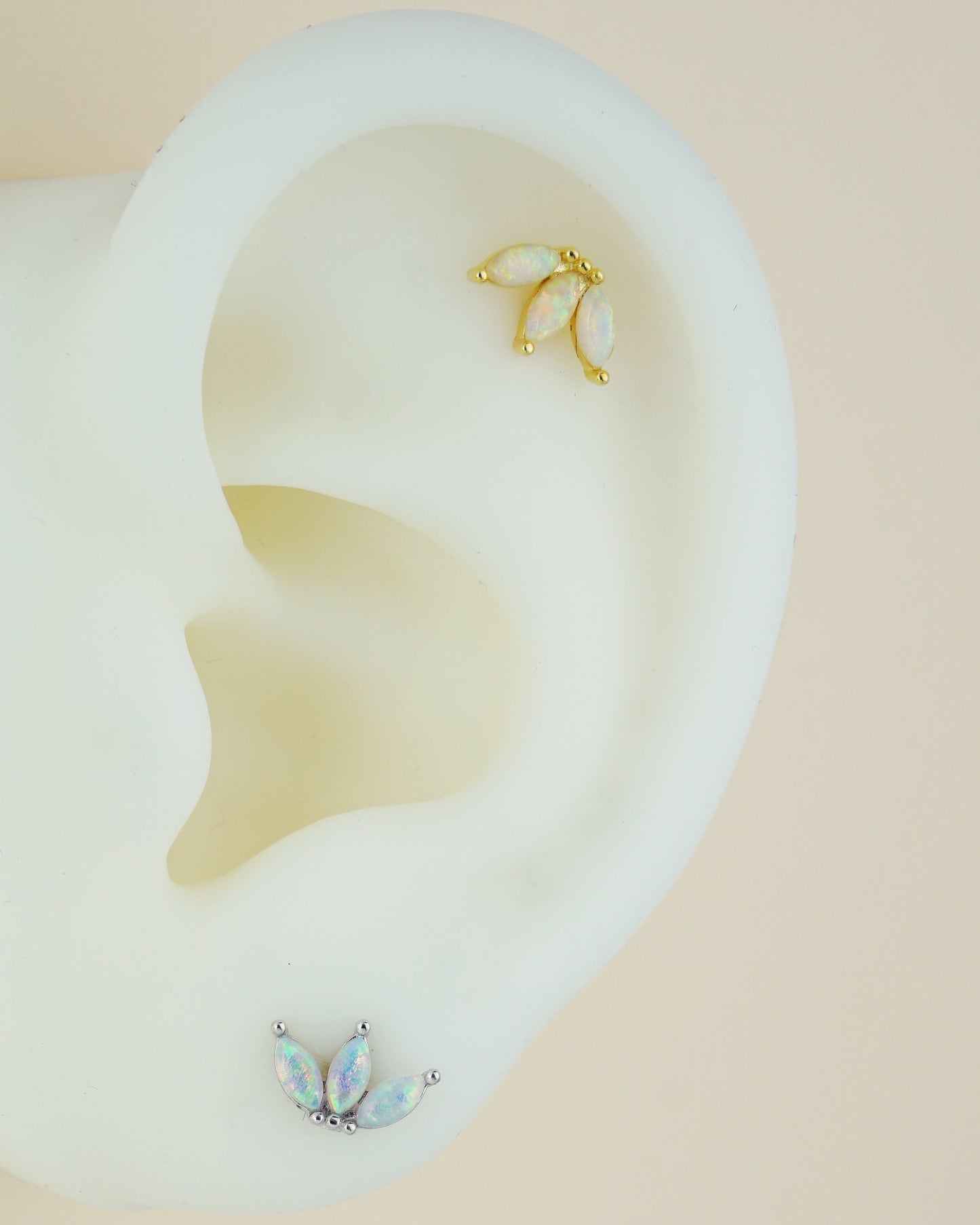 Triple Marquise Fire Opal Sterling Silver Stud Earring in Rhodium or 18ct Gold Plated, Opulent Trio Gem Stacking Jewelry