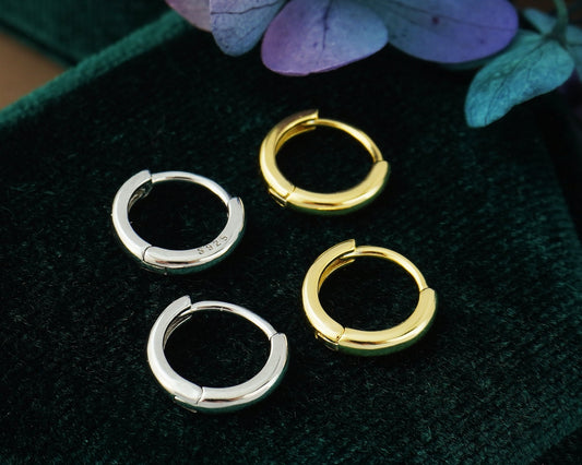 Pair of Tiny Round Edge Sterling Silver Huggie Hoop Earrings in Rhodium or 18ct Gold Plated, 2 Sizes