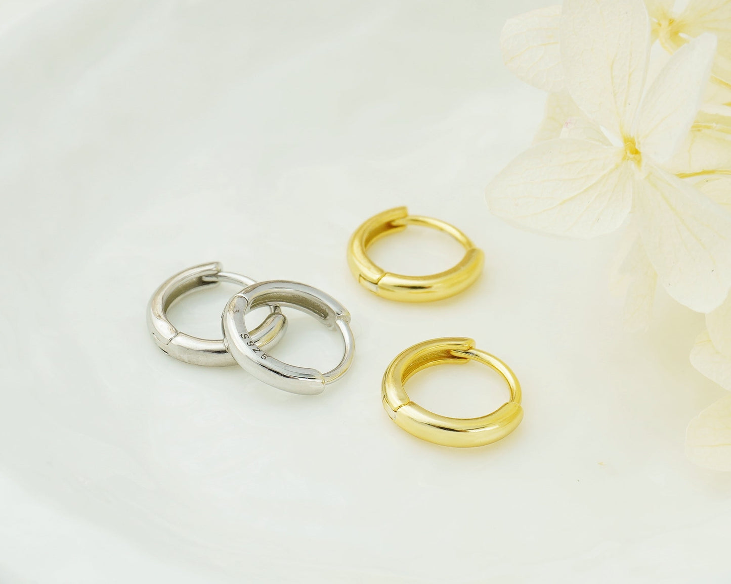 Pair of Tiny Round Edge Sterling Silver Huggie Hoop Earrings in Rhodium or 18ct Gold Plated, 2 Sizes