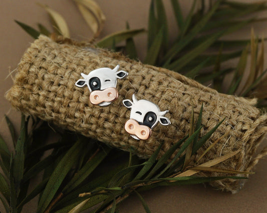 Pair of Sterling Silver Dairy Cow Stud Earrings, Whimsical Cute Animal Jewelry