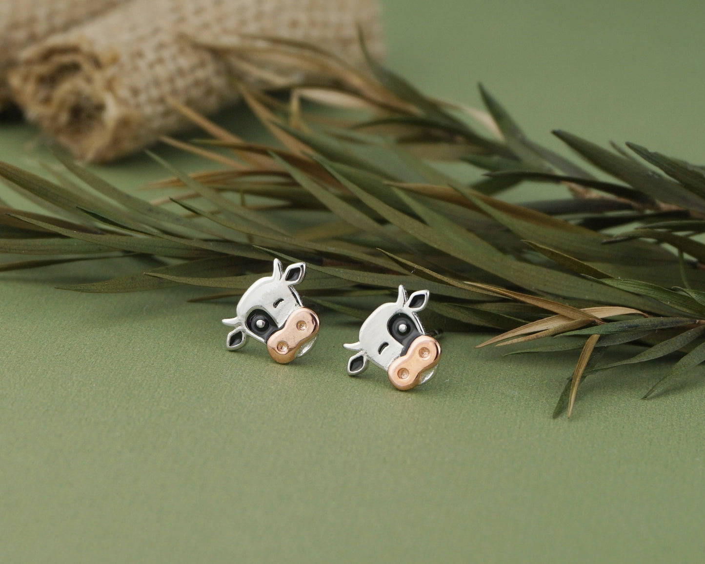 Pair of Sterling Silver Dairy Cow Stud Earrings, Whimsical Cute Animal Jewelry
