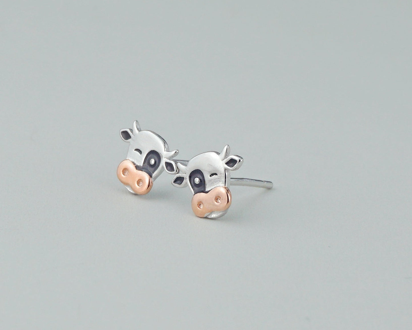 Pair of Sterling Silver Dairy Cow Stud Earrings, Whimsical Cute Animal Jewelry