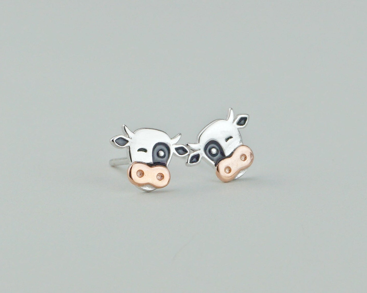 Pair of Sterling Silver Dairy Cow Stud Earrings, Whimsical Cute Animal Jewelry