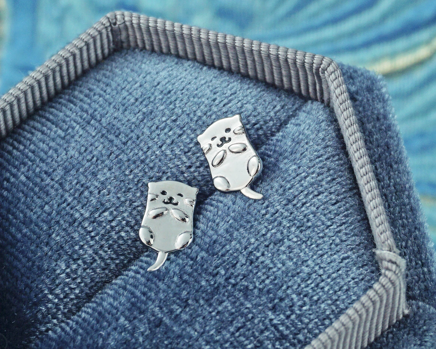 Pair of Sterling Silver Otter Stud Earrings, Whimsical Cute Animal Jewelry