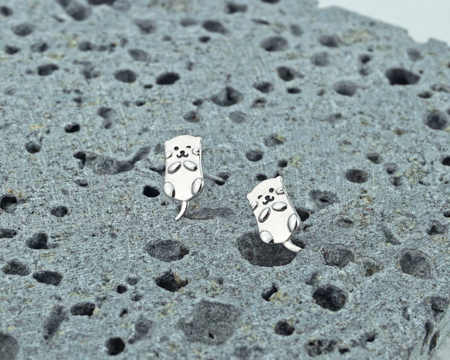 Pair of Sterling Silver Otter Stud Earrings, Whimsical Cute Animal Jewelry
