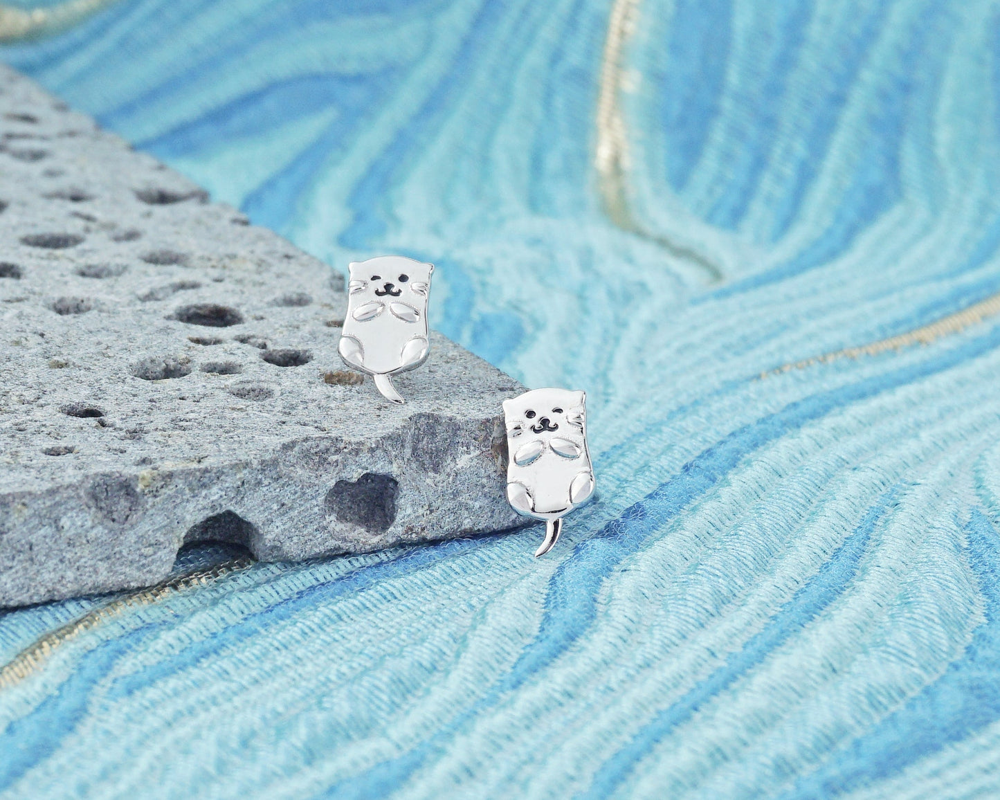 Pair of Sterling Silver Otter Stud Earrings, Whimsical Cute Animal Jewelry