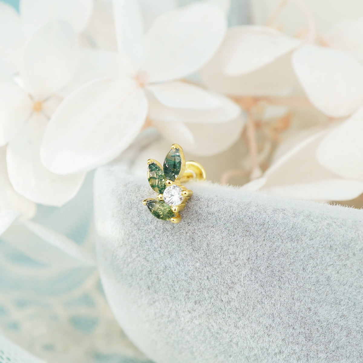1 pc of Natural Green Moss Agate Marquise Leaf & CZ Stud Earring in Gold Plated Sterling Silver, Delicate Stacking Cartilage Helix Lobe Piercing Jewelry