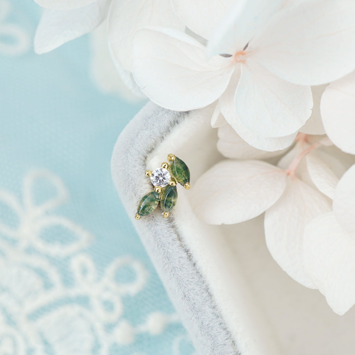 1 pc of Natural Green Moss Agate Marquise Leaf & CZ Stud Earring in Gold Plated Sterling Silver, Delicate Stacking Cartilage Helix Lobe Piercing Jewelry