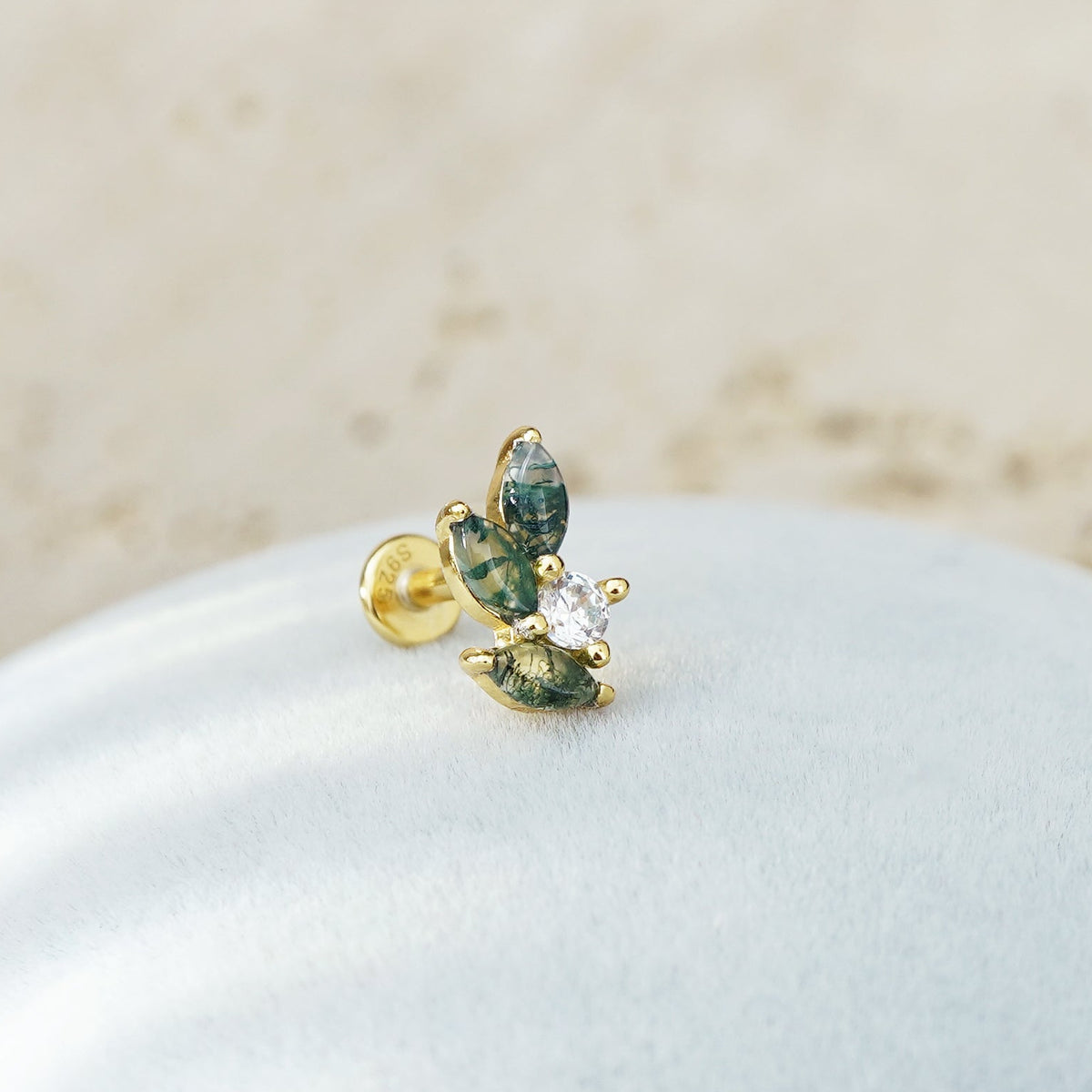1 pc of Natural Green Moss Agate Marquise Leaf & CZ Stud Earring in Gold Plated Sterling Silver, Delicate Stacking Cartilage Helix Lobe Piercing Jewelry