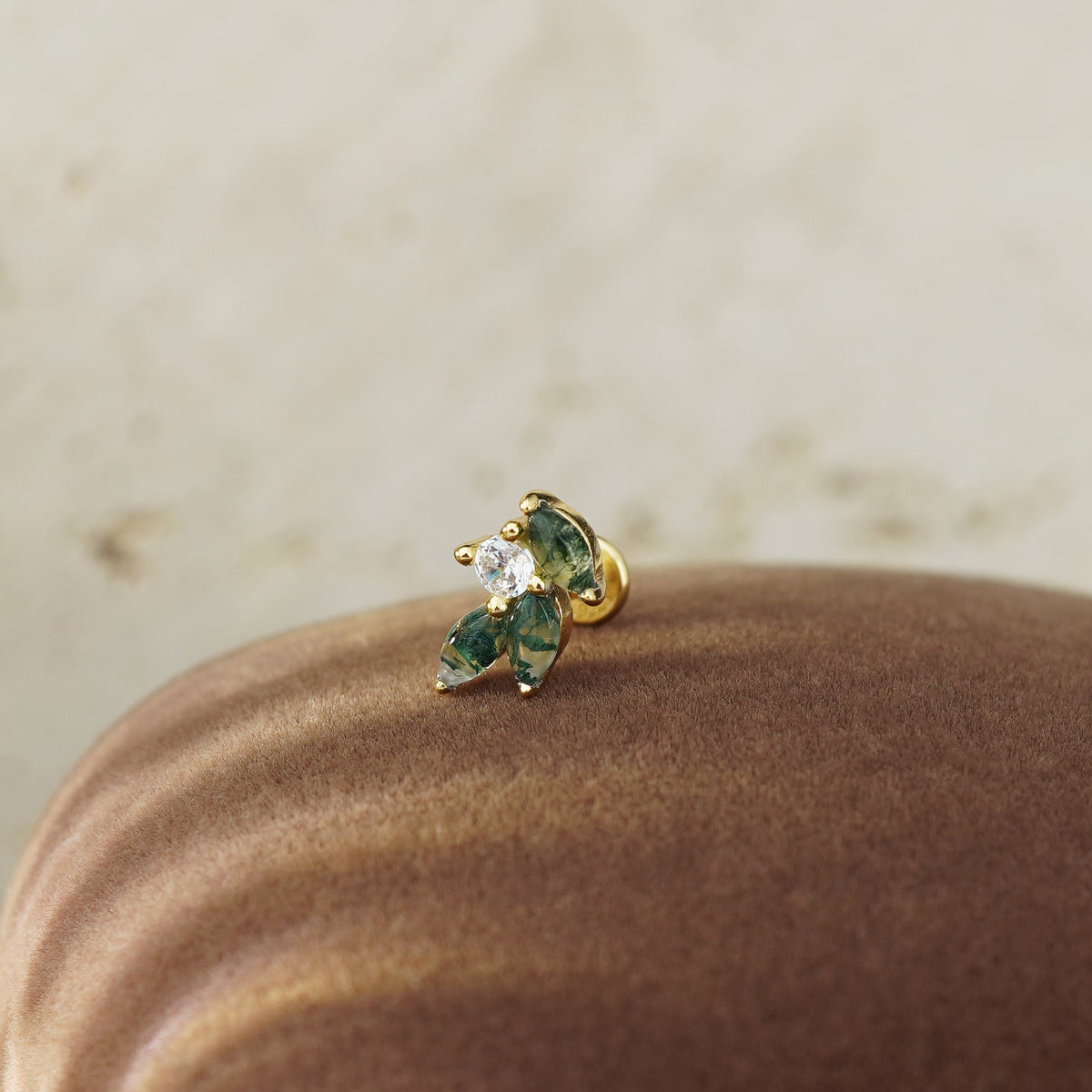 1 pc of Natural Green Moss Agate Marquise Leaf & CZ Stud Earring in Gold Plated Sterling Silver, Delicate Stacking Cartilage Helix Lobe Piercing Jewelry
