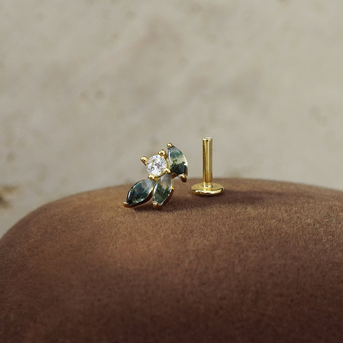 1 pc of Natural Green Moss Agate Marquise Leaf & CZ Stud Earring in Gold Plated Sterling Silver, Delicate Stacking Cartilage Helix Lobe Piercing Jewelry