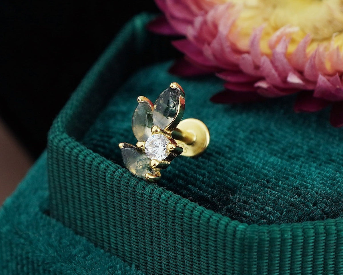 1 pc of Natural Green Moss Agate Marquise Leaf & CZ Stud Earring in Gold Plated Sterling Silver, Delicate Stacking Cartilage Helix Lobe Piercing Jewelry