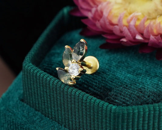 1 pc of Natural Green Moss Agate Marquise Leaf & CZ Stud Earring in Gold Plated Sterling Silver, Delicate Stacking Cartilage Helix Lobe Piercing Jewelry