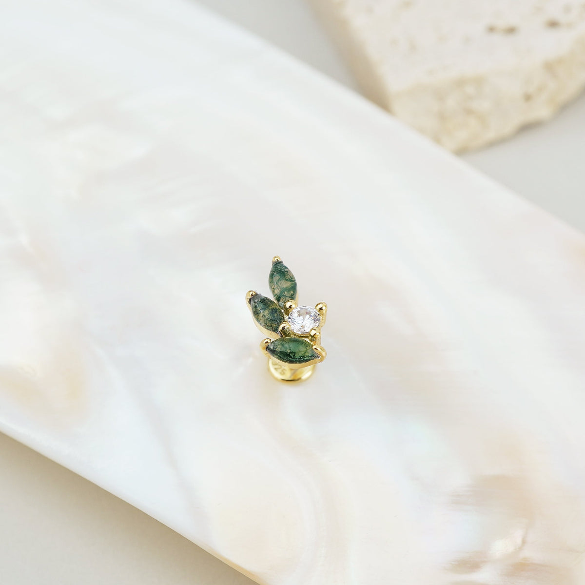 1 pc of Natural Green Moss Agate Marquise Leaf & CZ Stud Earring in Gold Plated Sterling Silver, Delicate Stacking Cartilage Helix Lobe Piercing Jewelry