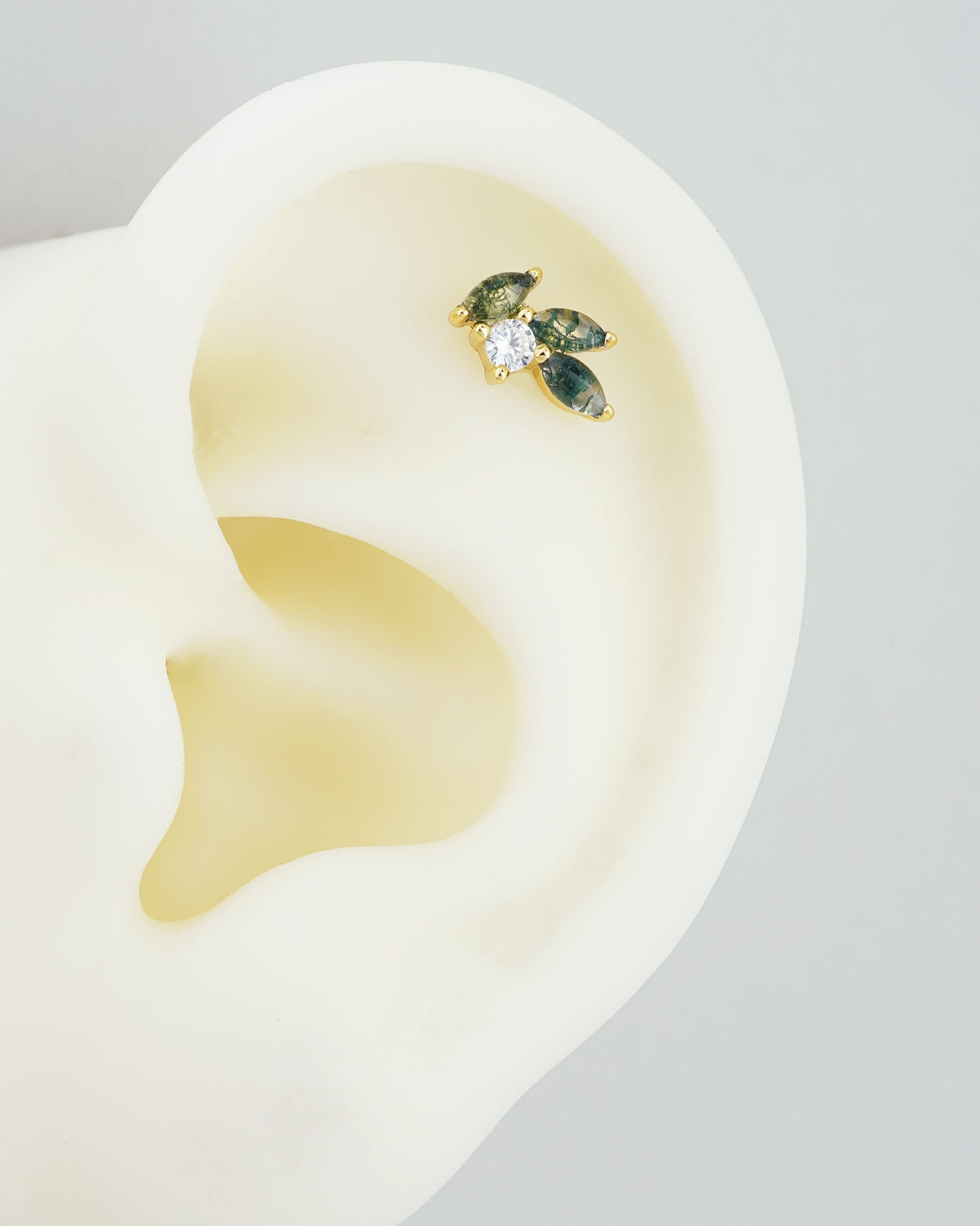 1 pc of Natural Green Moss Agate Marquise Leaf & CZ Stud Earring in Gold Plated Sterling Silver, Delicate Stacking Cartilage Helix Lobe Piercing Jewelry