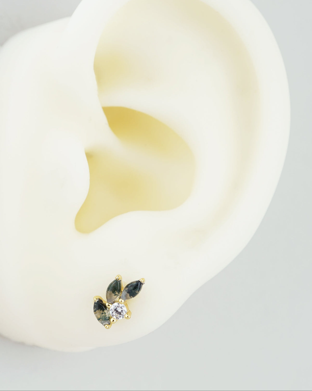1 pc of Natural Green Moss Agate Marquise Leaf & CZ Stud Earring in Gold Plated Sterling Silver, Delicate Stacking Cartilage Helix Lobe Piercing Jewelry