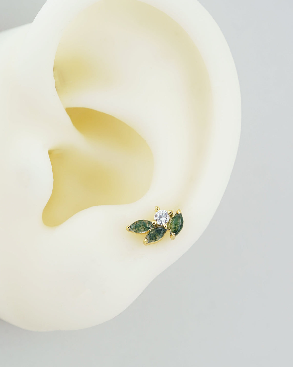 1 pc of Natural Green Moss Agate Marquise Leaf & CZ Stud Earring in Gold Plated Sterling Silver, Delicate Stacking Cartilage Helix Lobe Piercing Jewelry