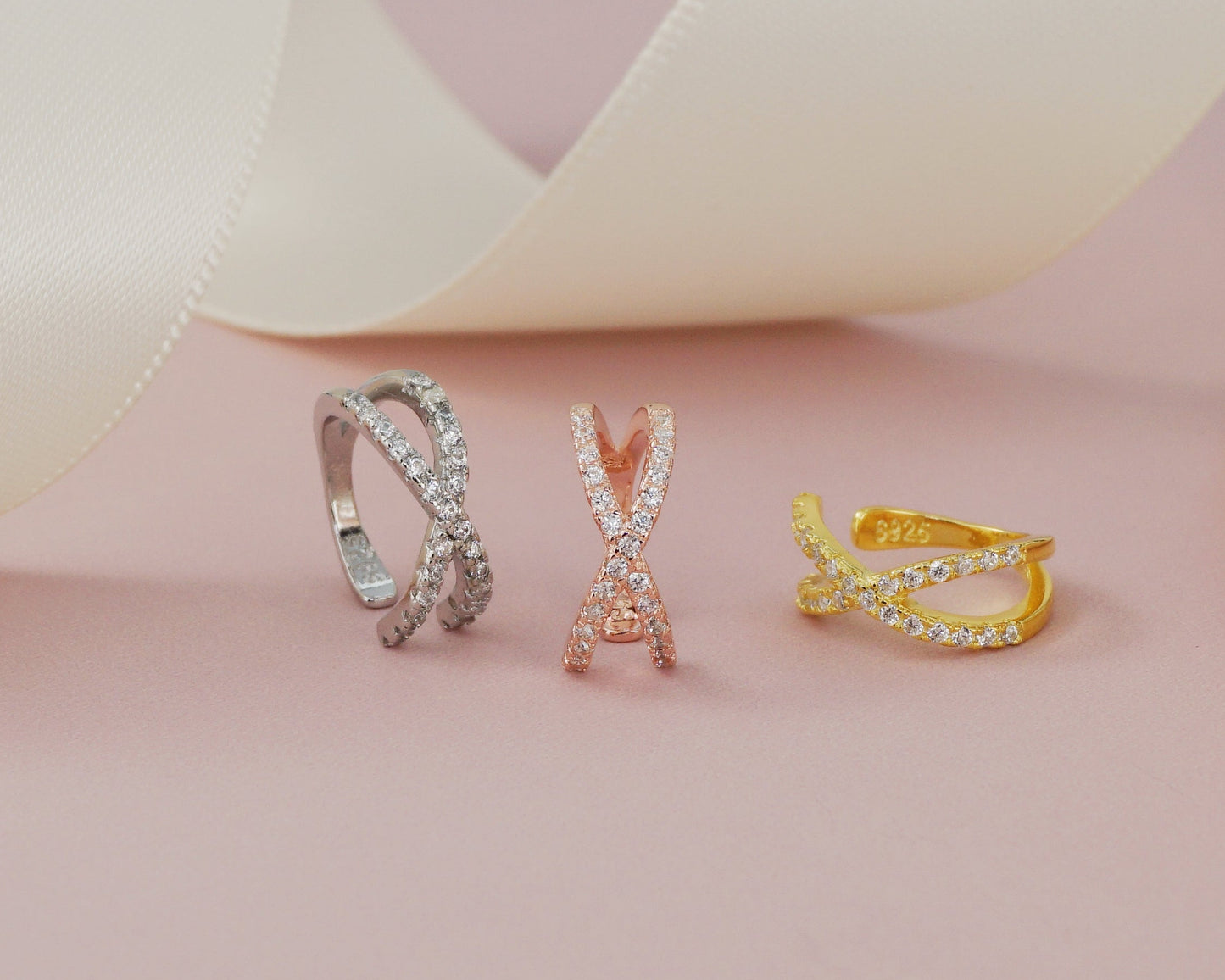 1 pc of Sterling Silver CZ Cross Ear Cuff, Clip on Earring in Rhodium, 18ct Gold or Rose Gold Plated