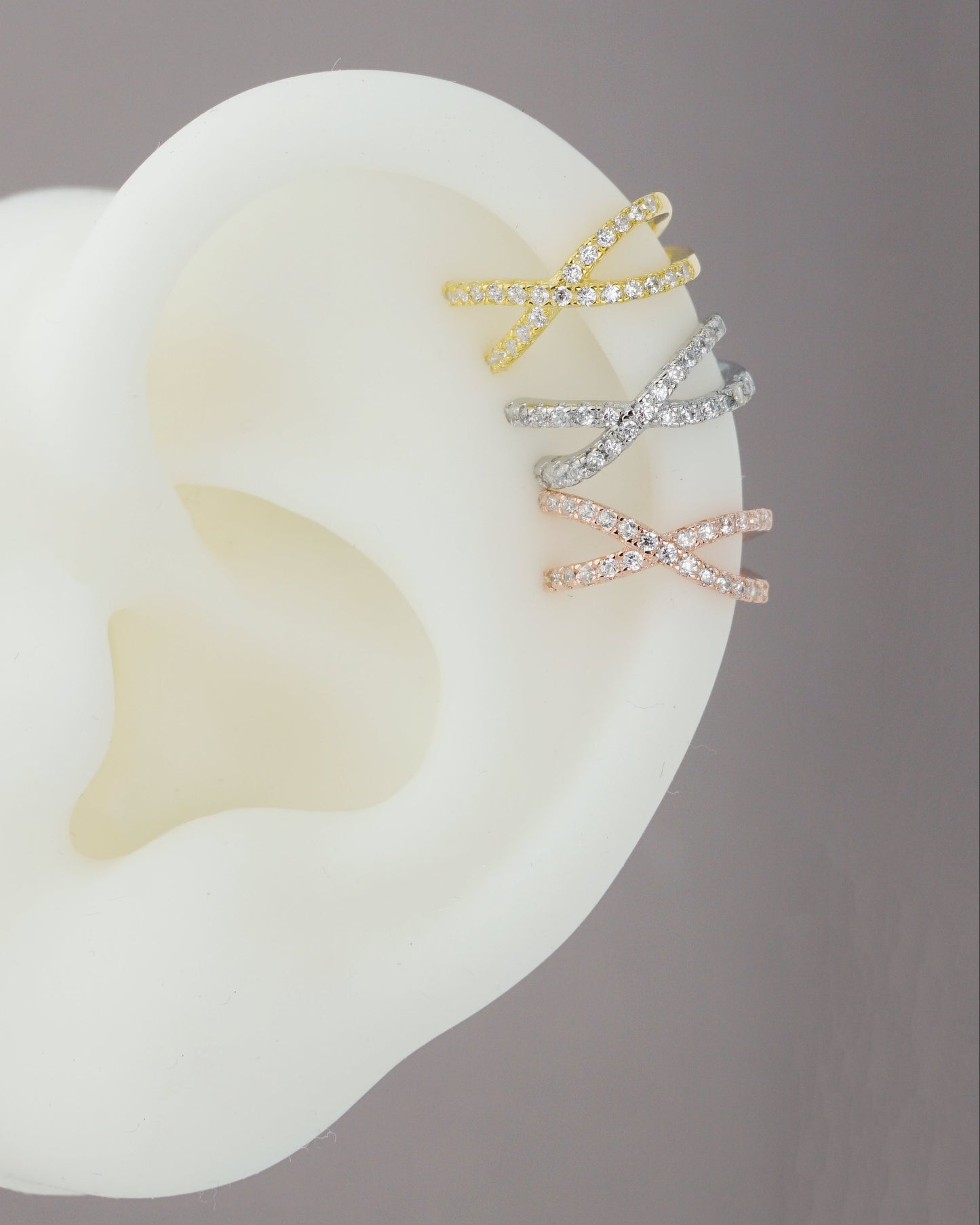 1 pc of Sterling Silver CZ Cross Ear Cuff, Clip on Earring in Rhodium, 18ct Gold or Rose Gold Plated