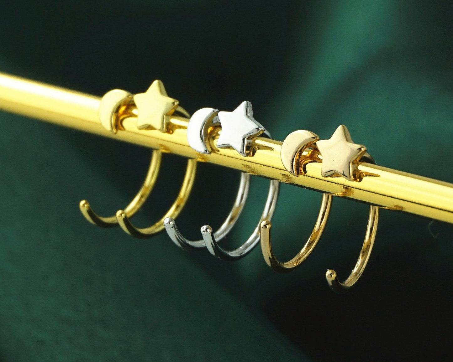 Pair of Tiny Sterling Silver Star and Crescent Moon Threader Hoop Earrings in Rhodium, 14ct Gold or Champagne Gold Plated