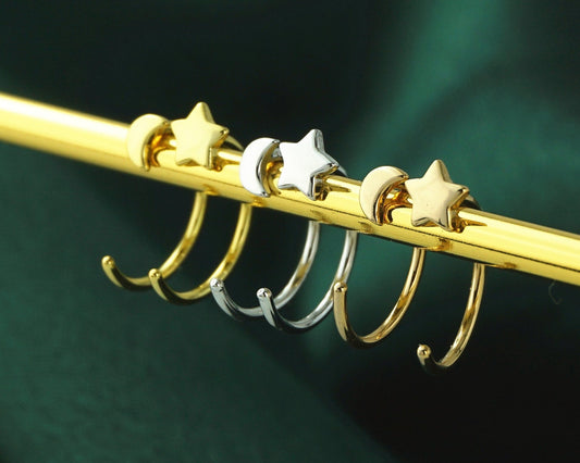Pair of Tiny Sterling Silver Star and Crescent Moon Threader Hoop Earrings in Rhodium, 14ct Gold or Champagne Gold Plated