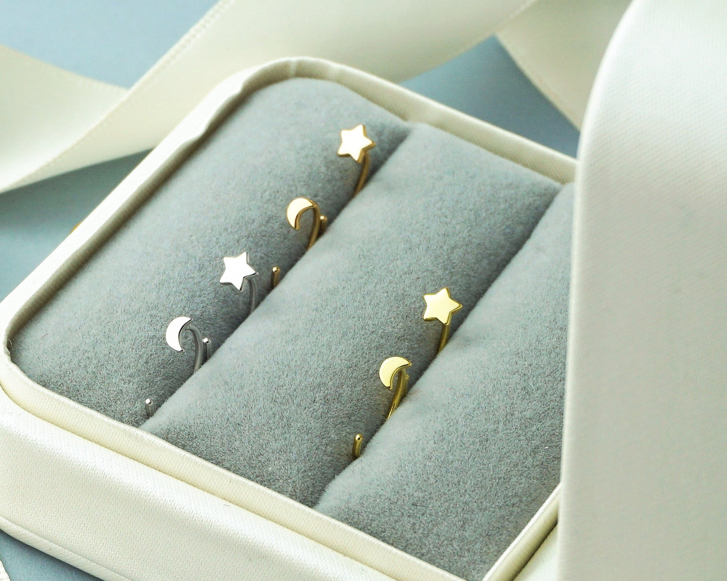 Pair of Tiny Sterling Silver Star and Crescent Moon Threader Hoop Earrings in Rhodium, 14ct Gold or Champagne Gold Plated