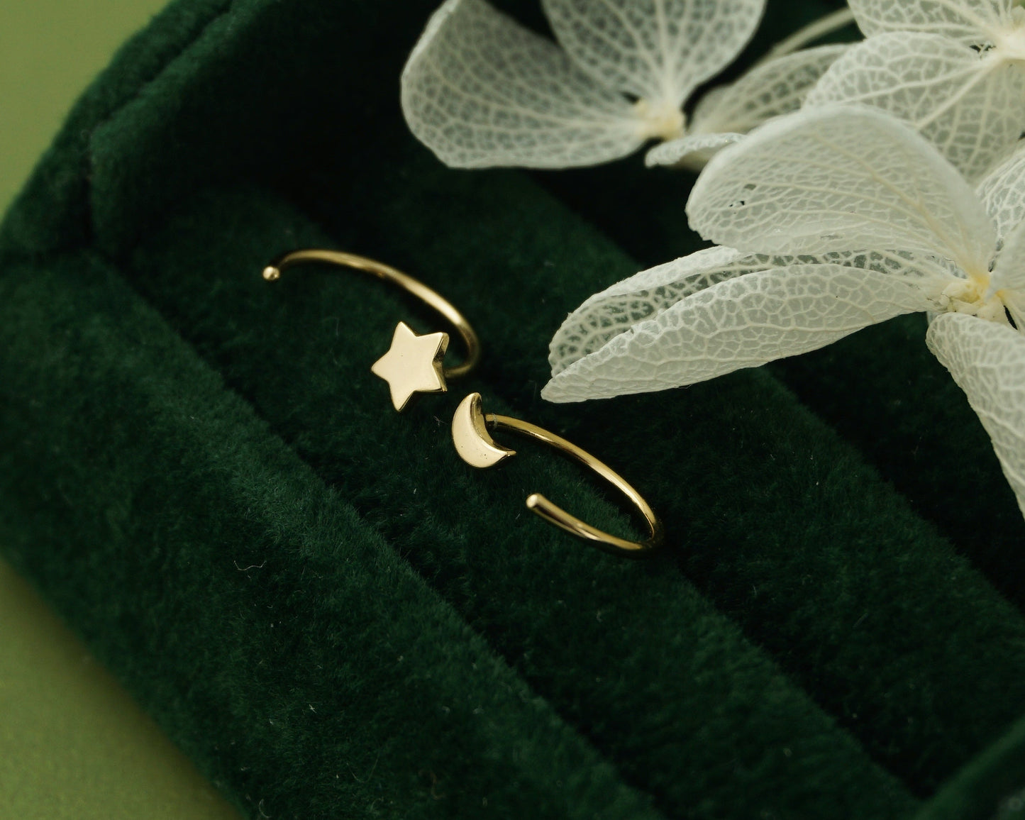 Pair of Tiny Sterling Silver Star and Crescent Moon Threader Hoop Earrings in Rhodium, 14ct Gold or Champagne Gold Plated