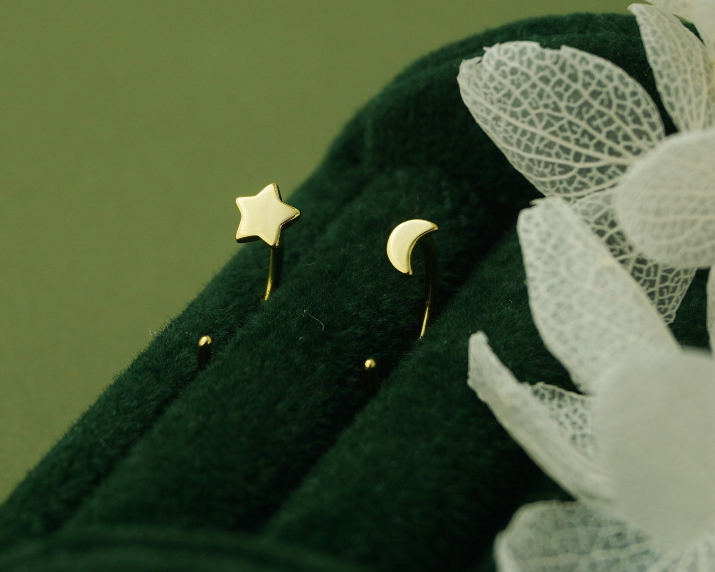 Pair of Tiny Sterling Silver Star and Crescent Moon Threader Hoop Earrings in Rhodium, 14ct Gold or Champagne Gold Plated