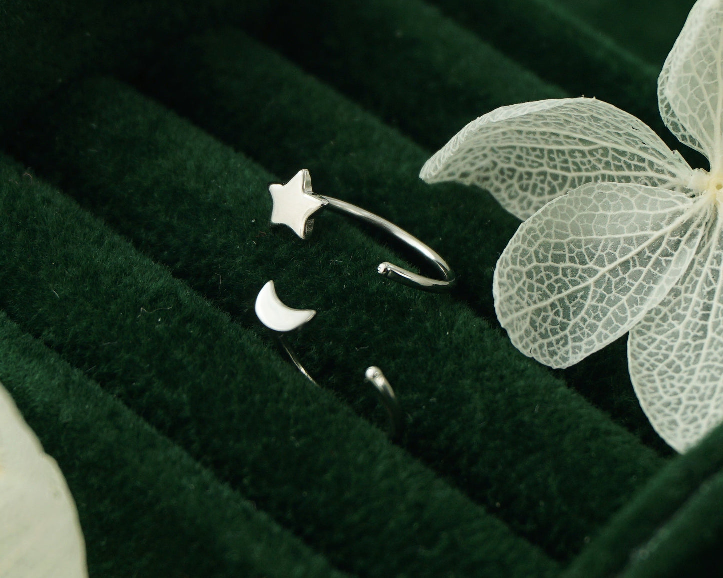 Pair of Tiny Sterling Silver Star and Crescent Moon Threader Hoop Earrings in Rhodium, 14ct Gold or Champagne Gold Plated