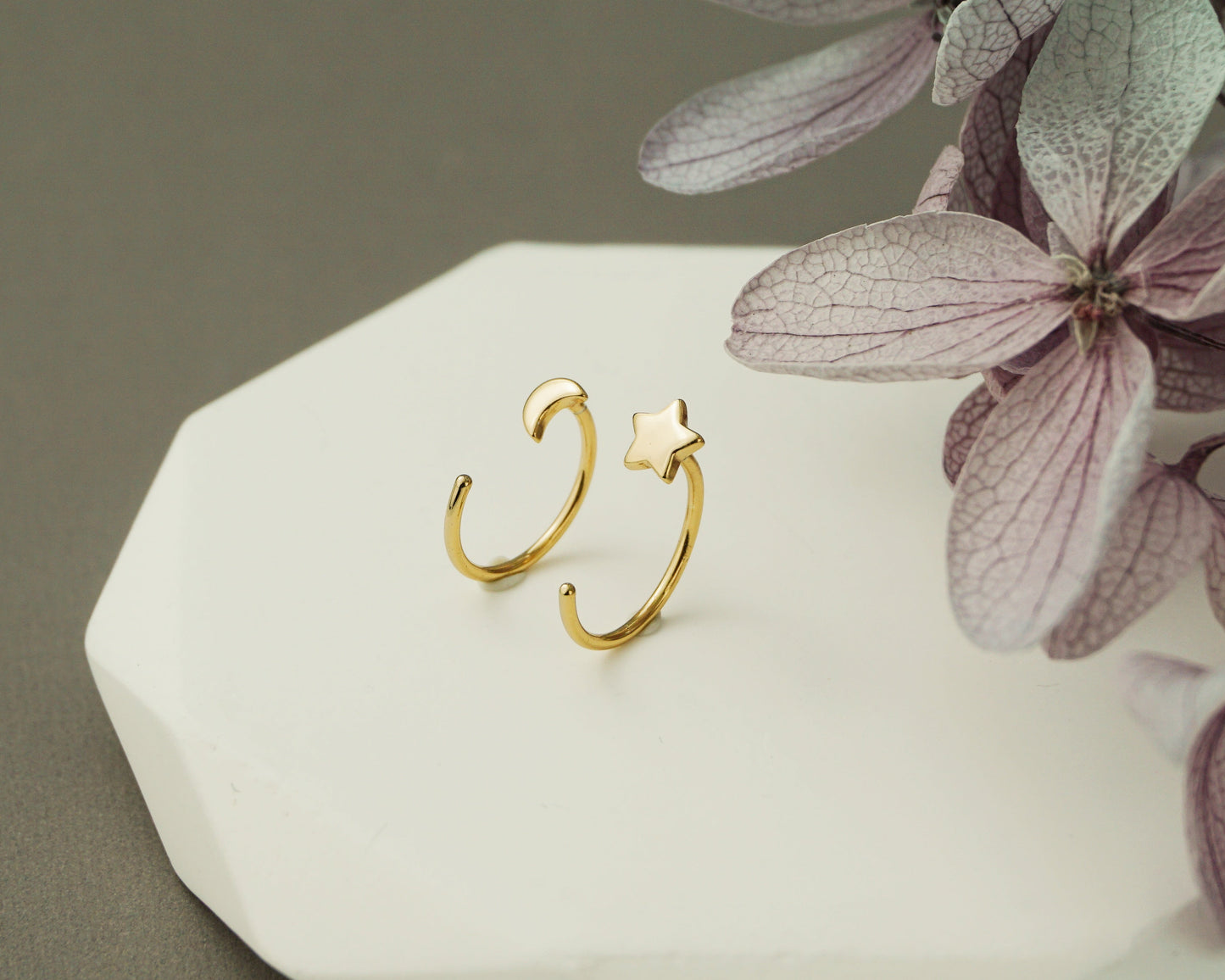 Pair of Tiny Sterling Silver Star and Crescent Moon Threader Hoop Earrings in Rhodium, 14ct Gold or Champagne Gold Plated
