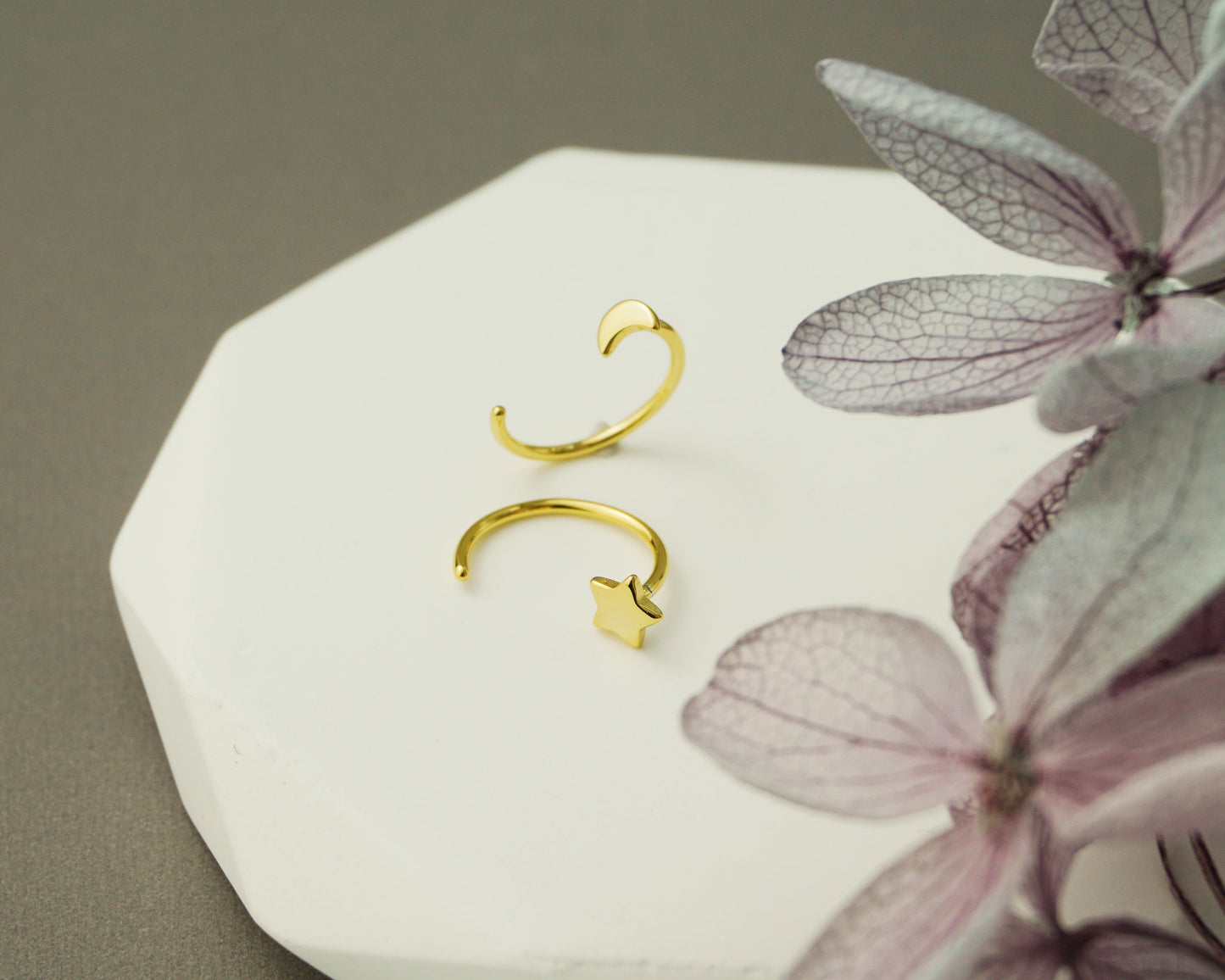 Pair of Tiny Sterling Silver Star and Crescent Moon Threader Hoop Earrings in Rhodium, 14ct Gold or Champagne Gold Plated
