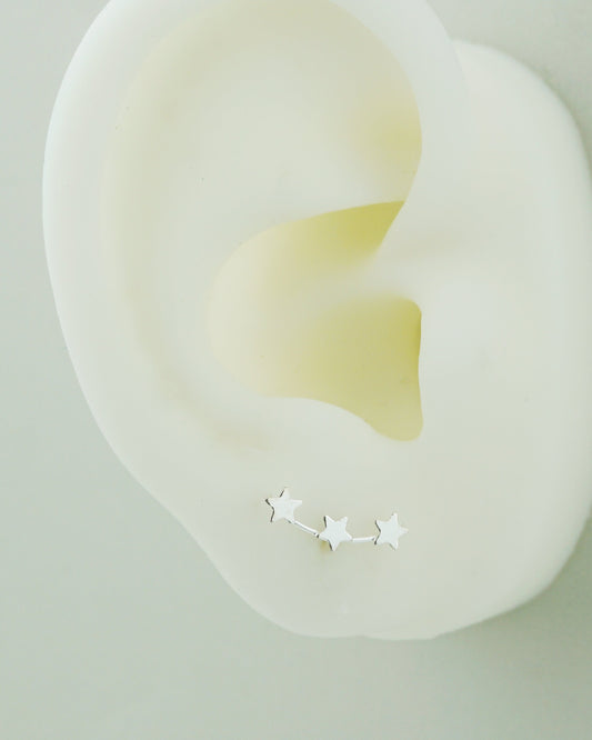 Pair of Tiny Trio Star Stud Earrings in Sterling Silver, 3 Small Stellar Climber, Mini Crawler