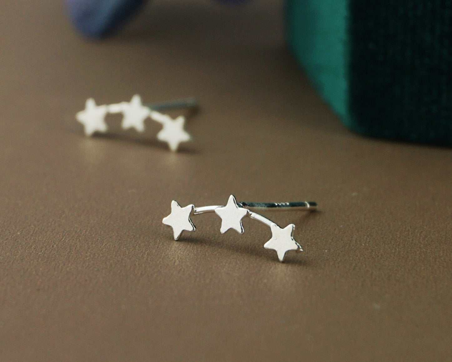 Pair of Tiny Trio Star Stud Earrings in Sterling Silver, 3 Small Stellar Climber, Mini Crawler