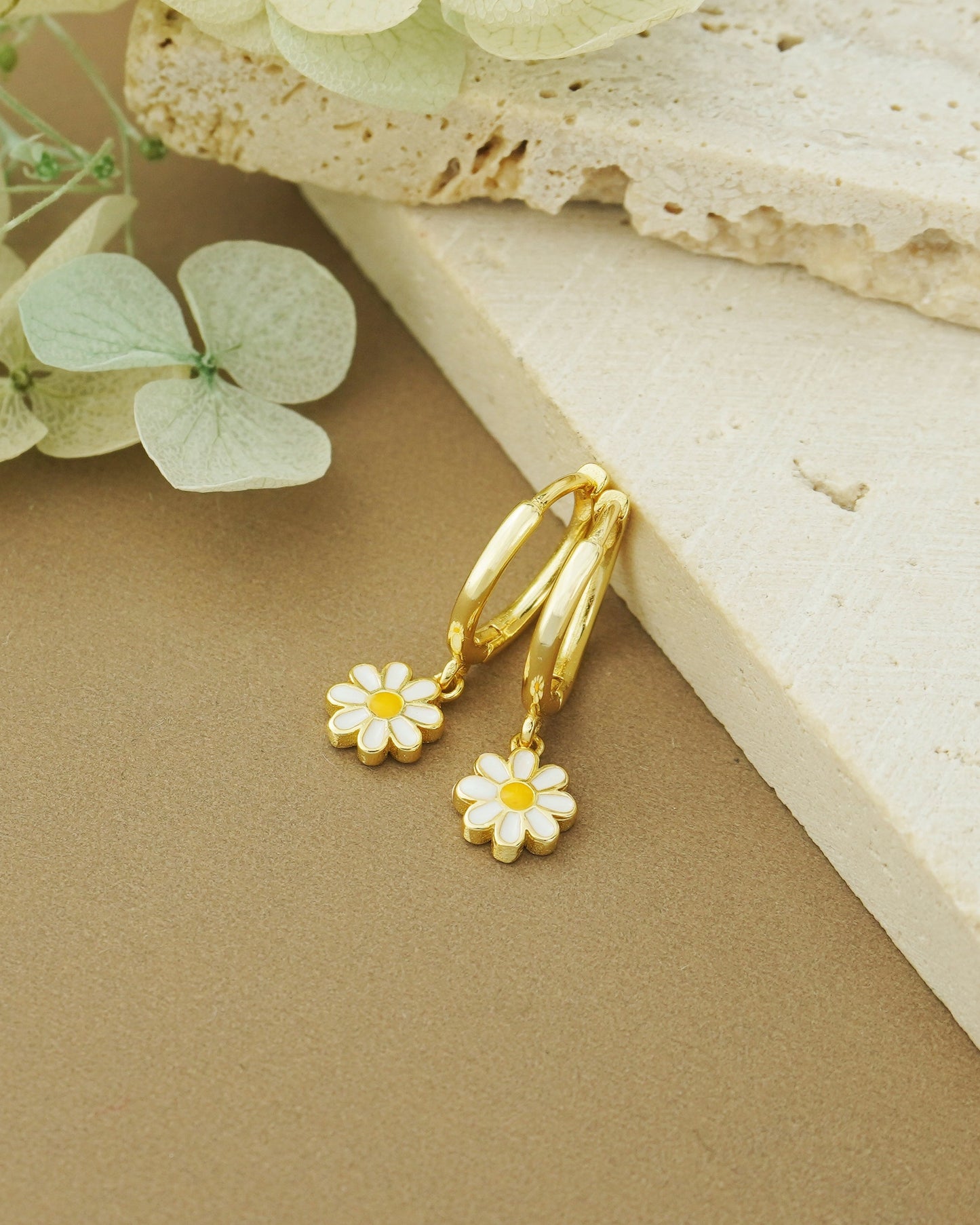 Pair of Dangly Enamel Daisy Flower Huggie Hoop Earrings in Sterling Silver or 18ct Gold Plated, Nature Inspired Floral Charm