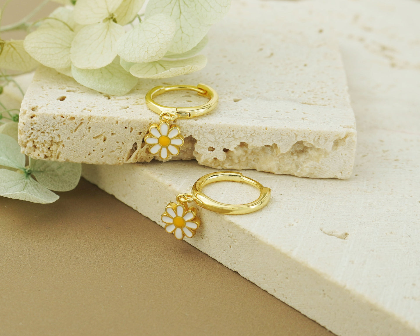 Pair of Dangly Enamel Daisy Flower Huggie Hoop Earrings in Sterling Silver or 18ct Gold Plated, Nature Inspired Floral Charm