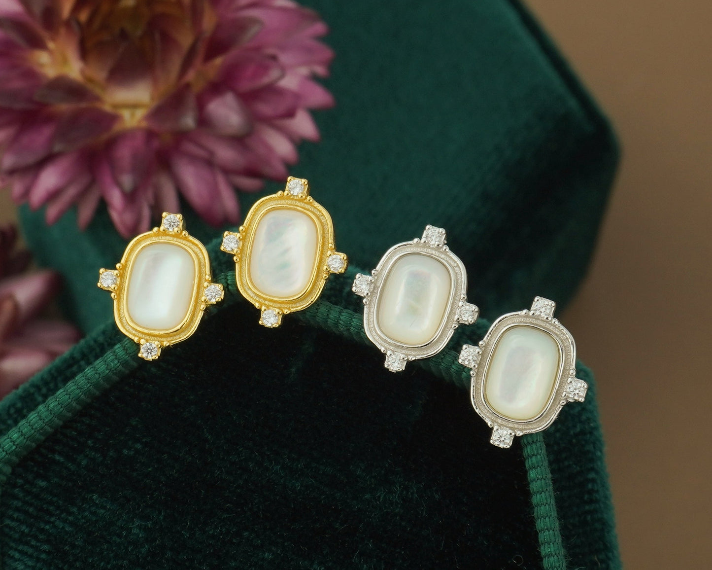 Pair of Oval Shell Sterling Silver Stud Earrings in Rhodium or 18ct Gold Plated, Vintage Inspired