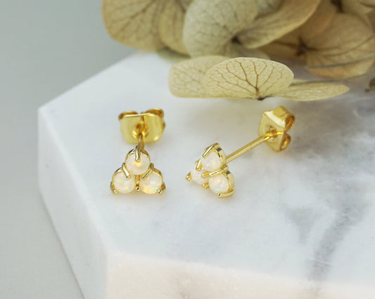 Pair of Brass Fire Opal Trinity Stud Earrings in Gold Finish, Dainty Earlobe Jewelry