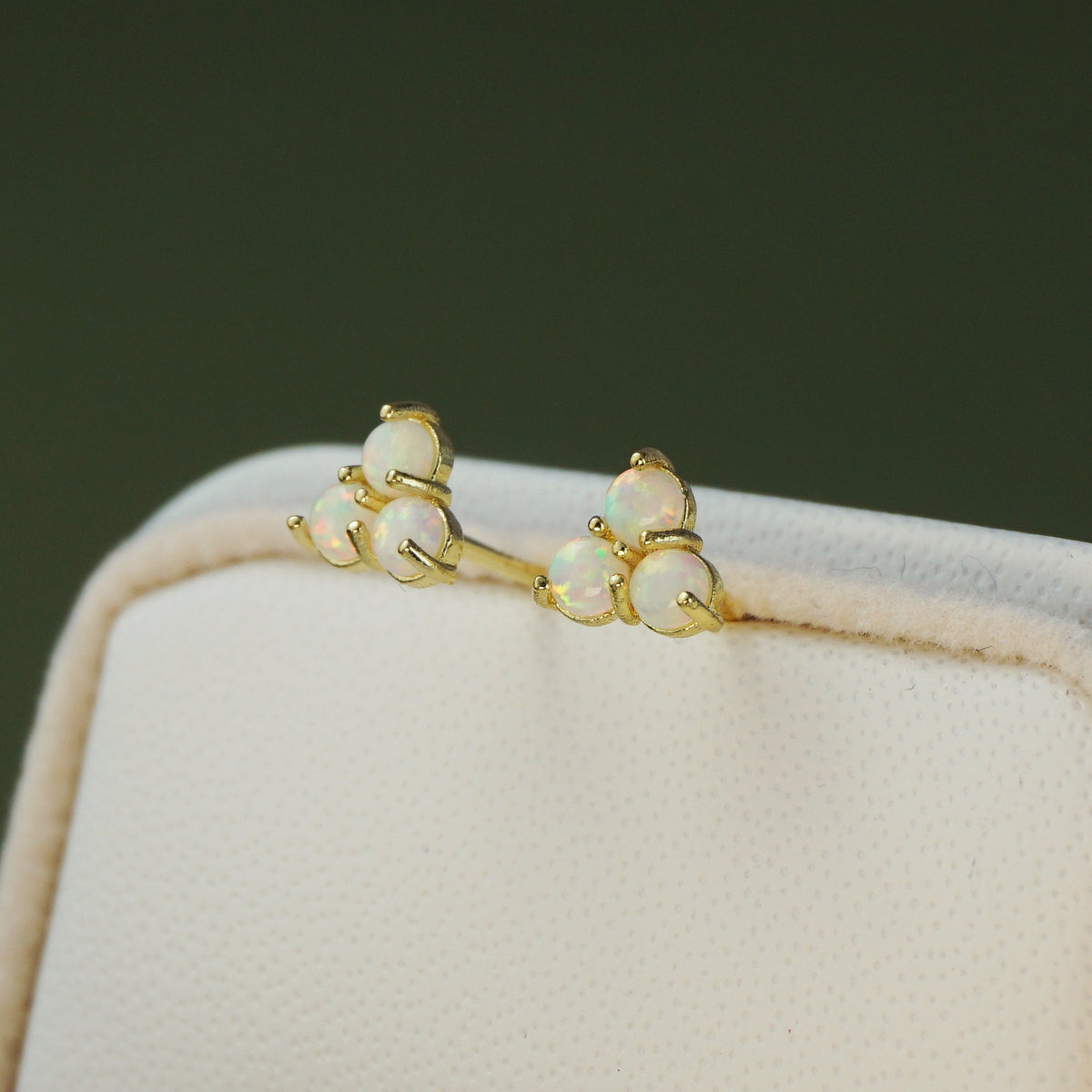 Pair of Brass Fire Opal Trinity Stud Earrings in Gold Finish, Dainty Earlobe Jewelry
