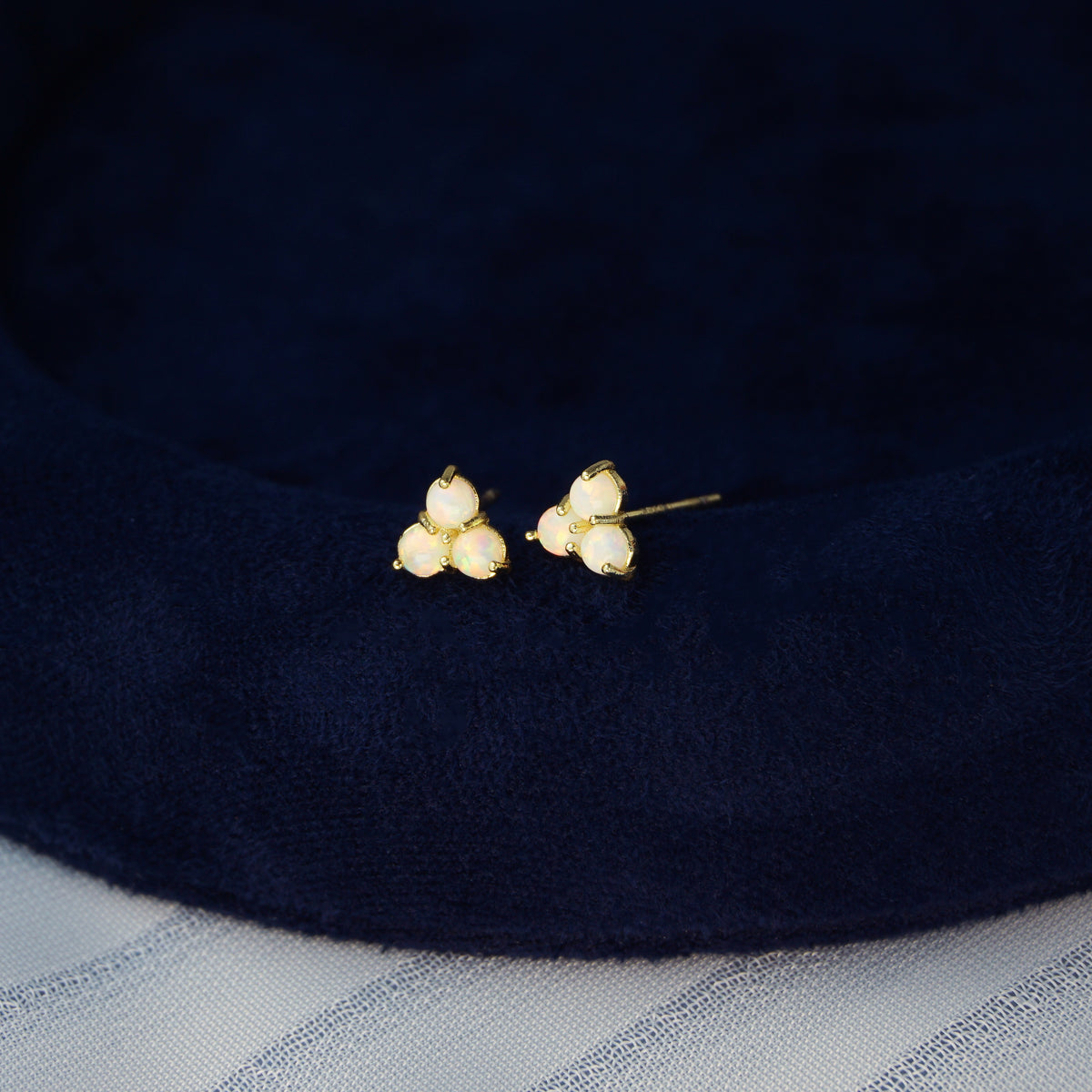 Pair of Brass Fire Opal Trinity Stud Earrings in Gold Finish, Dainty Earlobe Jewelry