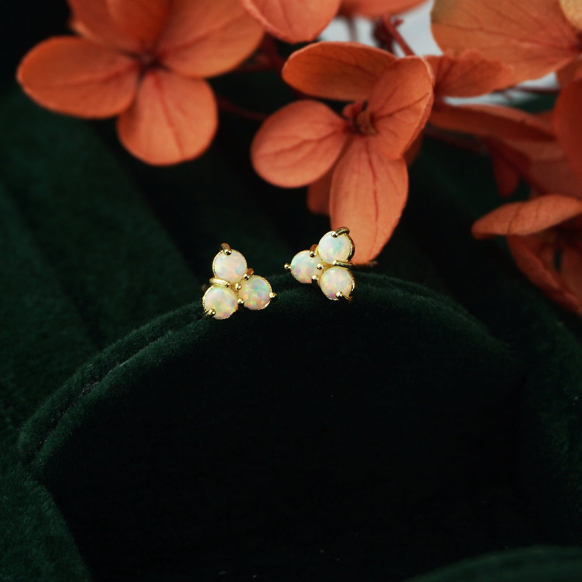 Pair of Brass Fire Opal Trinity Stud Earrings in Gold Finish, Dainty Earlobe Jewelry