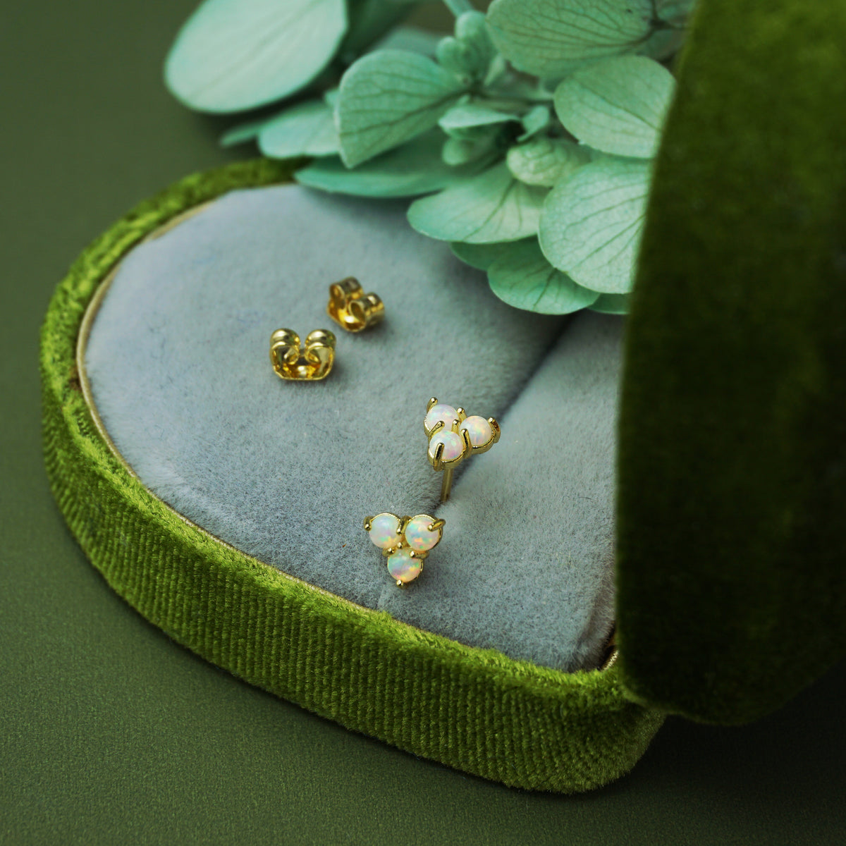 Pair of Brass Fire Opal Trinity Stud Earrings in Gold Finish, Dainty Earlobe Jewelry